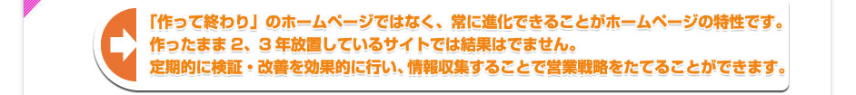 「作って終わり」のホームページではなく、常に進化できることがホームページの特性です。作ったまま2、3年放置しているサイトでは結果はでません。 定期的に検証・改善を効果的に行い、情報収集することで営業戦略をたてることができます。